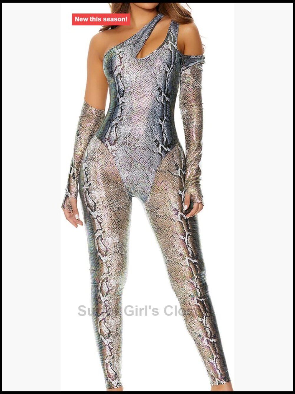 Metallic Foil Reptile Print Snake Costume Jumpsuit with Headpiece Halloween